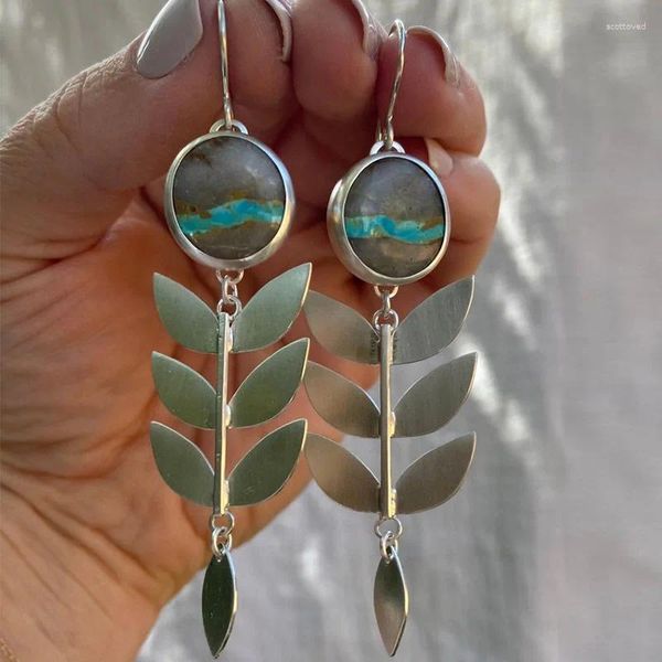 Boucles d'oreilles pendantes feuilles d'arbre à la mode avec pierre ronde en résine, crochet de bijoux plante Vintage pour cadeaux d'amoureux