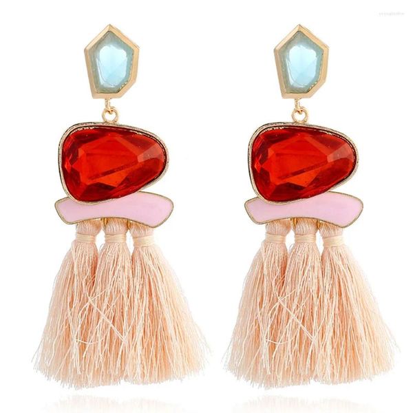 Pendientes colgantes Moda Terciopelo Algodón Borla Gota Retro Gema Resina Estilo étnico 5 colores para mujeres Niñas Regalo Fiesta Joyería de boda