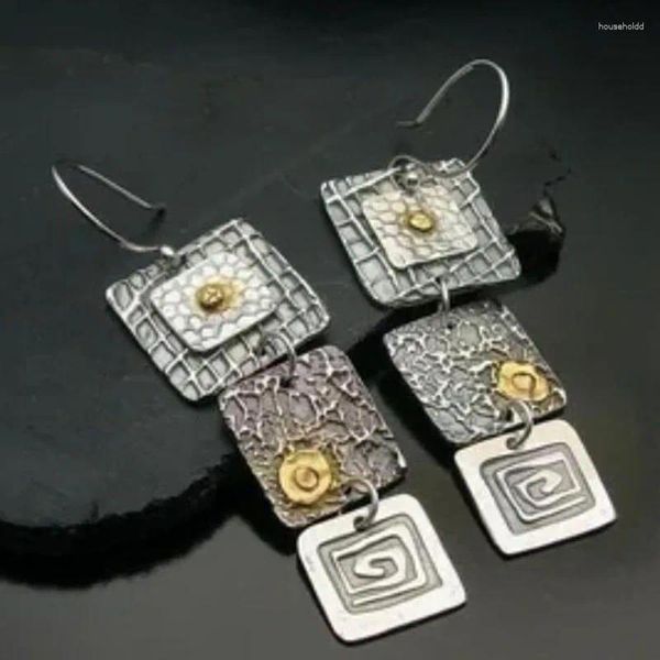 Boucles d'oreilles pendantes tribales géométriques sculptées en métal carré punk gitane bijoux faits à la main pour femmes