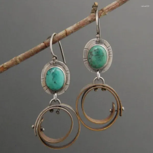 Pendientes colgantes Tribal redondo gancho de piedra azul joyería Vintage Color plata patrón fundido a presión para mujeres