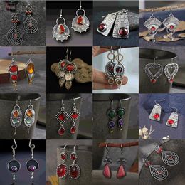 Boucles d'oreilles pendantes tribu irrégulière ronde naturelle rouge motif crochet Vintage métal deux tons creux goutte pour les femmes bijoux