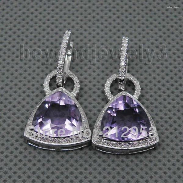 Boucles d'oreilles en peluche trillion 11 mm Améthyste violet naturel authentique en drop solide 14kt 585 Diamond en or blanc pour les femmes E00127