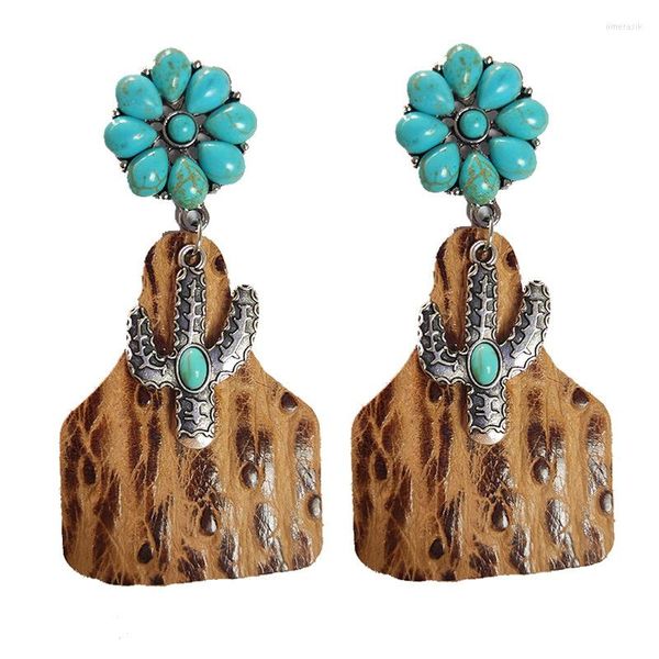 Pendientes colgantes de pendientes colgantes de cactus turquesa en relieve de cuero de vaca