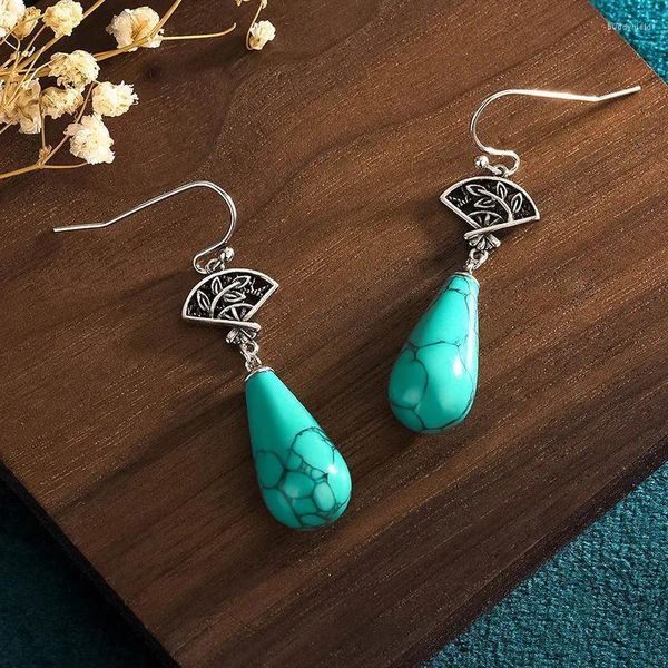 Boucles d'oreilles pendantes Turquoise goutte d'eau bijoux cadeaux pierre Jade charmes femmes chinoises pierres précieuses amulette naturelle Vintage 925 argent