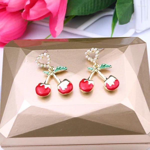 Boucles d'oreilles pendantes U-Magical Creative émail rouge cerise métal boucles d'oreilles pour femmes amour coeur Simulation perle évider bijoux