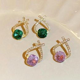 Boucles d'oreilles pendantes U-Magical Fantasy, strass violets et verts pour femmes, bijoux de fête en métal creux avec croix scintillante