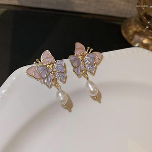 Boucles d'oreilles pendantes u-magique coréen violet rose papillon métallique boucle d'oreille pour les femmes Baroque Simulation perle gland bijoux