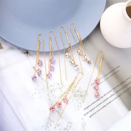 Pendientes colgantes Uer blanco brillante rosa púrpura cristal para mujer Color dorado latón cadenas largas borla enhebrador joyería de moda