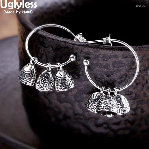 Pendientes colgantes de peces hechos a mano sin feas para mujeres Thai Silver Ethnic Hoops 925 vintage brintos bijoux peces joyas