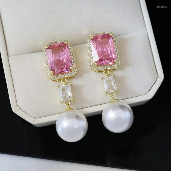 Boucles d'oreilles en peluche uilz zircone rose carré géométrique pour les femmes à l'imitation blanche Pearl Luxury Temperament Party Bijoux