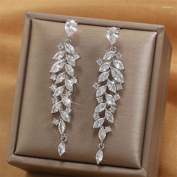 Boucles d'oreilles pendantes UILZ luxe feuille en forme pour femmes Long pendentif blanc zircone boucle d'oreille de mariée bijoux de mariage