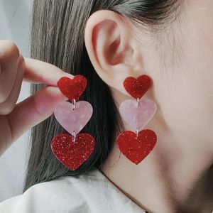 Boucles d'oreilles pendantes UJBOX Long Bling Glitter Rouge Rose Acrylique Amour Coeur Goutte Pour Les Femmes