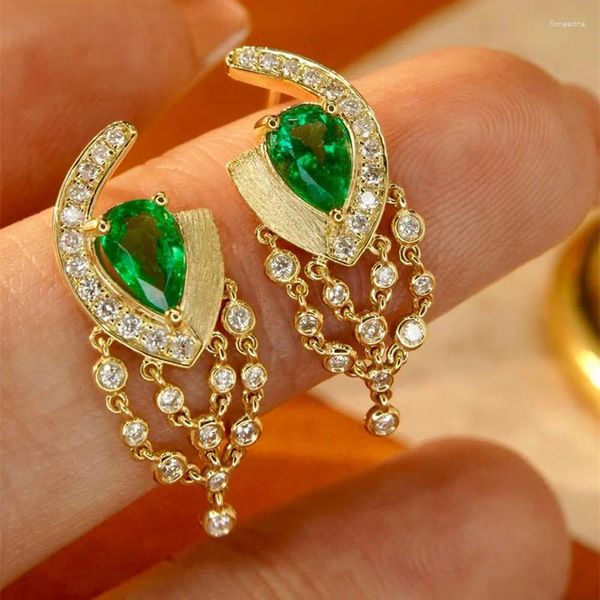 Boucles d'oreilles pendantes UNICE brossé artisanat véritable 18K or jaune massif AU750 délicate goutte d'émeraude pour les femmes diamant gland bijoux fins