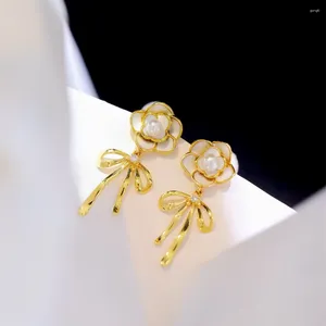 Dangle Oorbellen UNICE Camellia Bloem Echte 18K Originele Geel Gouden Sieraden AU750 Parel Strik Diamond Drop Earring Voor Vrouwen Gift