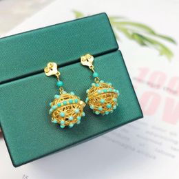 Bengelen oorbellen unice s925 goud gevulde natuurlijke turquoise geopend holle bloemen vogelkooi bal drop vintage voor vrouwen fijne sieraden