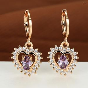 Boucles d'oreilles pendantes uniques en forme de cœur creux, couleur or, coupe ovale, pierre de Zircon violet, bijoux de fête d'anniversaire pour femmes