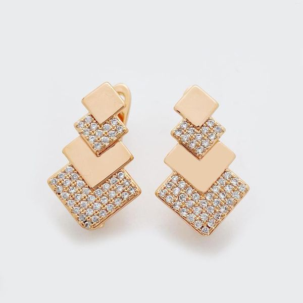 Boucles d'oreilles pendantes Unique incrustation de micro-cire Zircon naturel blanc Double rangée carrée 585 or Rose femmes haute qualité goutte élégante