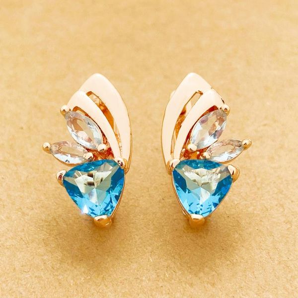 Boucles d'oreilles pendantes Unique trois dégradé bleu ciel naturel Zircon femmes fête Fine bijoux de mode 585 or Rose créatif