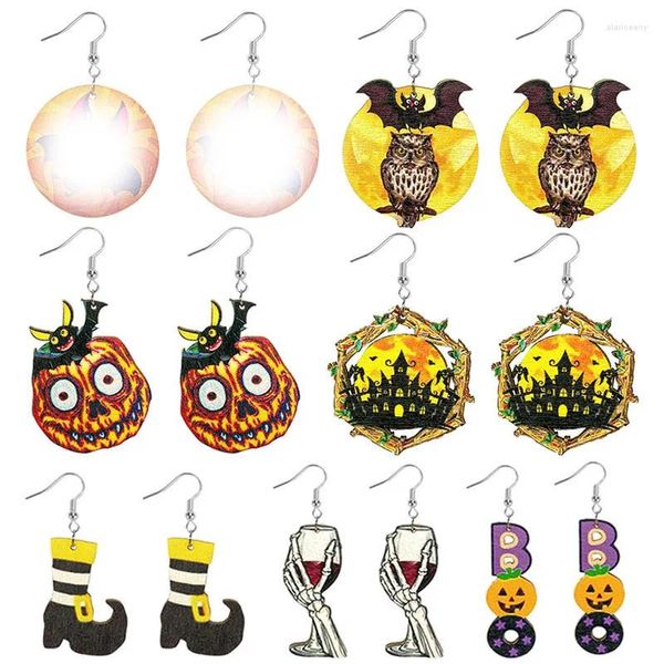 Pendientes colgantes de madera únicos para Halloween para mujer, murciélago, búho, Calavera, calabaza, joyería creativa feliz al por mayor