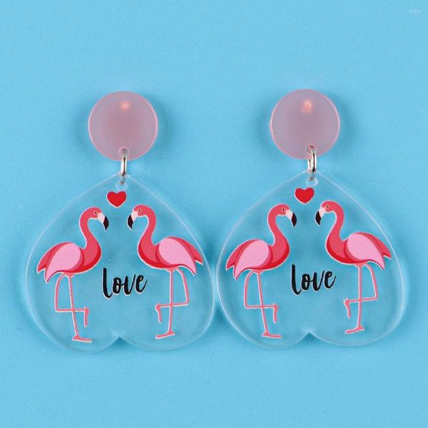 Boucles d'oreilles pendantes saint valentin flamant rose coeurs transparents acrylique doux lettres d'amour goutte boucle d'oreille bijoux de mode coréen pour les femmes