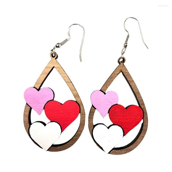 Boucles d'oreilles pendantes VALENTINE'S WOOD Heart Design Day Gift Red Pink Trio Drop Jewelry For Women Wooden