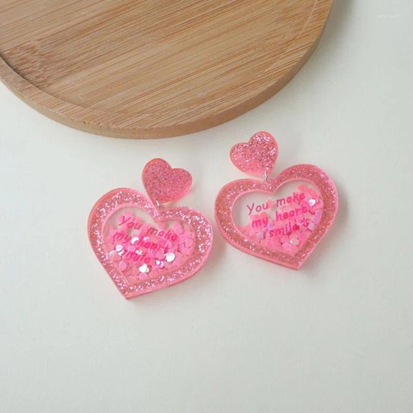 Boucles d'oreilles pendantes pour la saint-valentin, couleur rose, paillettes, cœur, acrylique, pour femmes, romantique, vous faites sourire, amour, goutte, cadeau