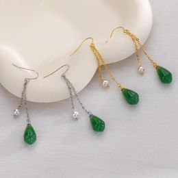 Boucles d'oreilles pendantes VENTFILLE 925 timbre or argent couleur Hetian Jade pour femmes fille émeraude perle Vintage bijoux cadeau goutte