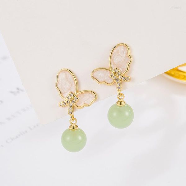 Boucles d'oreilles pendantes VENTFILLE couleur or une boucle d'oreille en jade pour femmes fille Zircon papillon beaux bijoux cadeau d'anniversaire goutte en gros