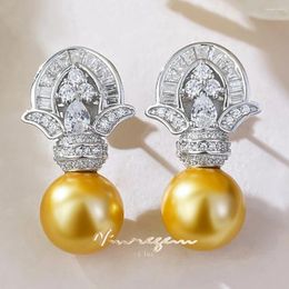 Boucles d'oreilles en peluche Vinregem 11 mm Gold Pearl High Carbon Diamond Gemstone Drop Ooy Stodts
