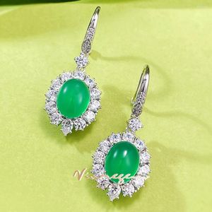 Pendientes colgantes Vinregem 8 10 MM Oval Verde Jade Piedra preciosa de diamante con alto contenido de carbono Gota vintage para mujer Joyería de plata de ley 925