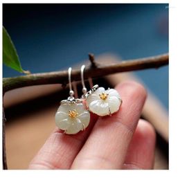 Bengelen oorbellen vintage 925 zilveren naald oorhaken kleine bij plukken honing witte jade camellia handgemaakte elegante en verse vrouwen geschenken