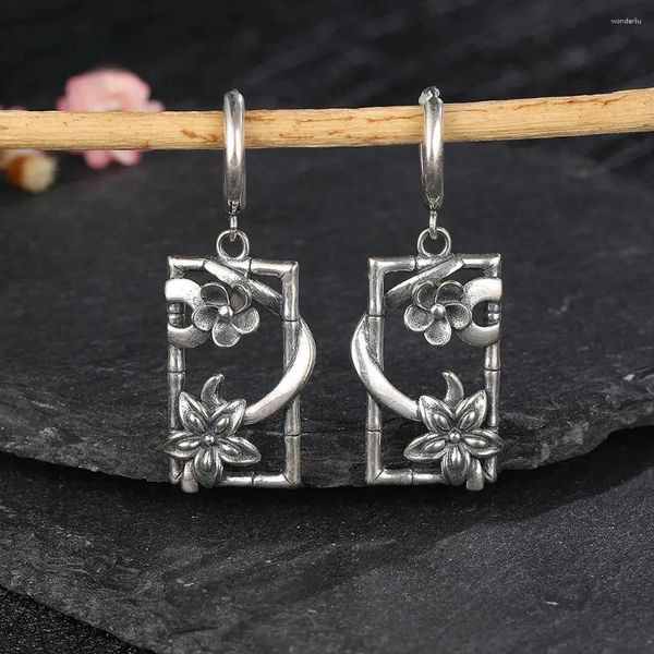 Pendientes colgantes Vintage de Plata de Ley 925, exquisito aro de hoja de flor Rectangular para mujer, joyería de fiesta