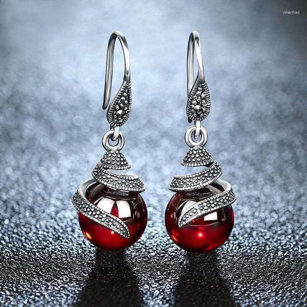 Boucles d'oreilles pendantes Vintage 925 en argent Sterling grenat pour les femmes rétro rubis rouge pierre précieuse ronde goutte bijoux cadeaux