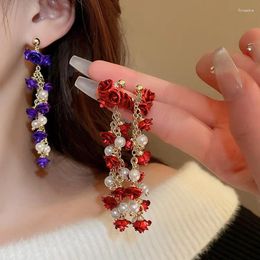 Orecchini pendenti Vintage fiore acrilico catena di perle nappa goccia lunga per le donne temperamento dolce gioielli di moda Boucles D'oreilles