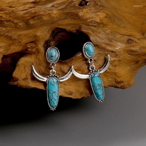 Pendientes colgantes Vintage Legierung Azul Turquesa Cuerno de buey con Cabeza de creatividad personalizada Mujer