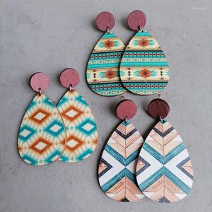 Boucles d'oreilles pendantes Vintage bois américain pour les femmes motif aztèque ethnique occidental exagéré Patchwork gouttes d'eau bijoux