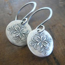 Dangle Oorbellen Vintage Oude Zilveren Kleur Ronde Haak Boheemse Metalen Handgesneden Bloemen Voor Vrouwen Sieraden