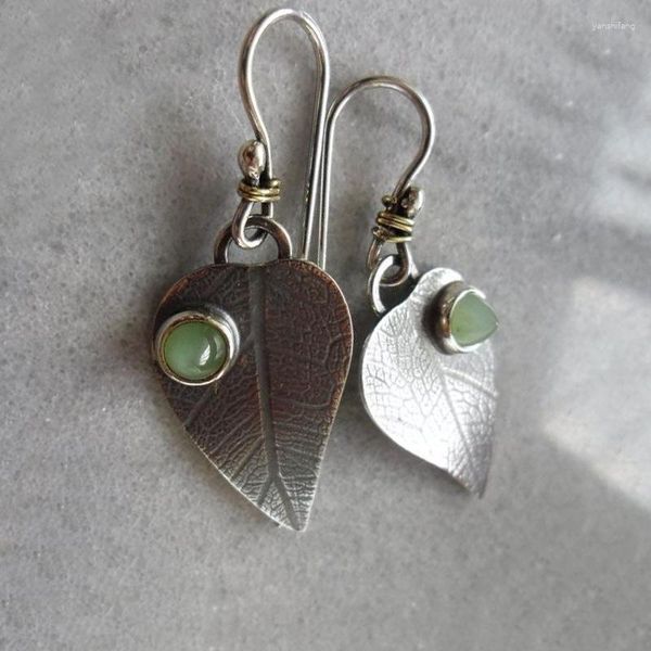 Dangle Boucles D'oreilles Vintage Antique Argent Couleur Métal Feuilles Incrusté De Pierre Verte Femmes Ethnique Plante Bijoux Accessoires En Gros