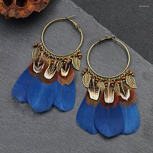 Boucles d'oreilles pendantes Vintage bleu plume pour femmes ethnique Long gland pendentif grand rond suspendu femme bohême Pendientes Brincos