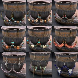 Boucles d'oreilles pendantes Vintage bohème grand cercle pour femmes ethnique bois perle pierre naturelle goutte femme vacances bijoux