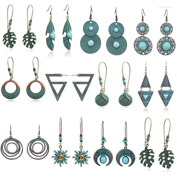 Pendientes colgantes Vintage Boho piedra azul turquesa con cuentas gota mujeres antiguo bronce étnico geométrico hoja tendencia joyería