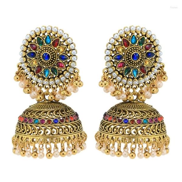 Boucles d'oreilles pendantes vintage Bollywood Gypsy plaqué or Boho Bell Boucles d'oreilles traditionnelles Jhumka Jhumki pour femmes et filles