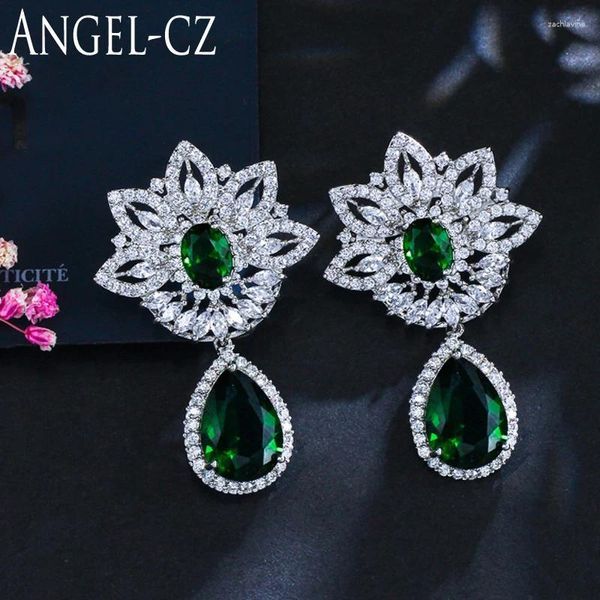 Pendientes colgantes de araña vintage Peque de circonio cúbico pavimento de lágrima verde Piedra grande para mujeres joyas de fiesta AE021