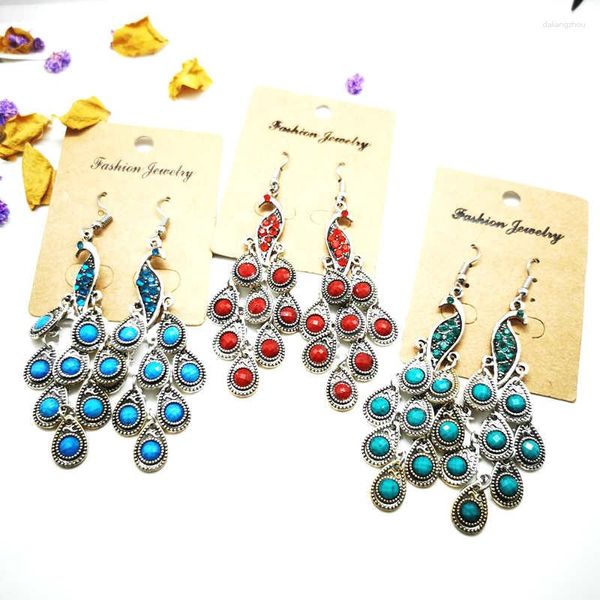 Boucles d'oreilles pendantes Vintage colorées faites à la main, perles incrustées de paon E005