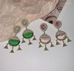 Boucles d'oreilles pendantes Vintage Court Style rétro ovale perle émeraude pierres précieuses Triangle femmes élégantes mode Stud