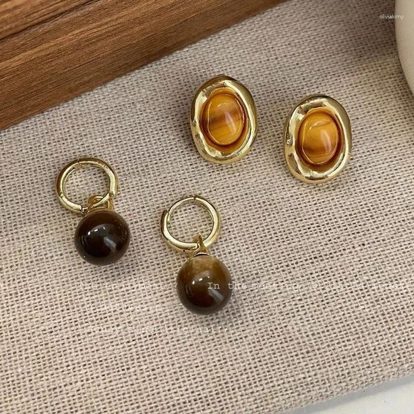 Pendientes colgantes Vintage delicado Color dorado ojos de tigre piedra hebilla de oreja para mujeres niñas Otoño Invierno Metal en forma elíptica