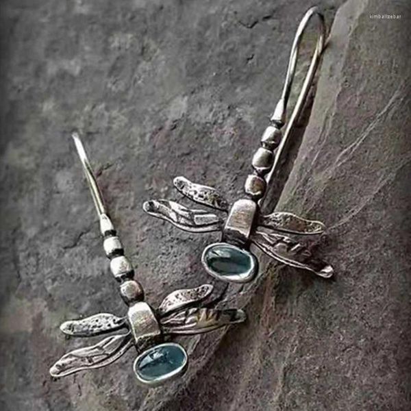 Boucles d'oreilles pendantes Vintage libellule goutte pour les femmes Antique argent plaqué Bijoux de mariage pierre verte pendentif crochet Bijoux