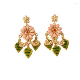 Boucles d'oreilles pendantes Vintage, goutte de fleur, forme de cercle rond, mignon, couleur rose, cristal, feuille verte, bijoux pour dames et filles