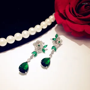 Boucles d'oreilles pendantes Vintage pour femmes, aiguilles S925, Rose camélia vert d'eau, zircone cubique, bijoux fins créés émeraude Brincos