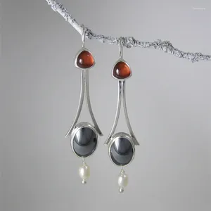 Boucles d'oreilles pendantes Vintage avec incrustation en métal, pierre rouge noire suspendue, fausse perle, crochet pour femmes